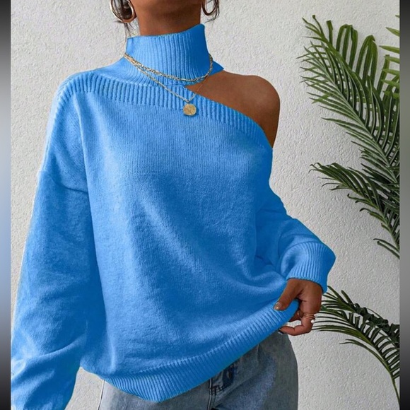 Luxe cold shoulder asymmetrical neck sweater top - Picture 3 of 5